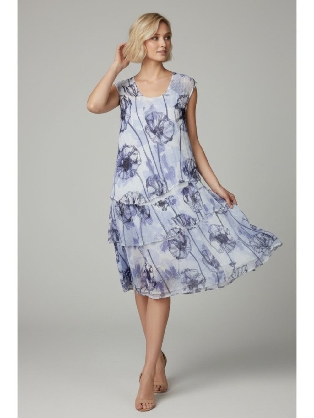 Komarov Purple Floral Tiered Chiffon Dress Pleated Lightweight Size L